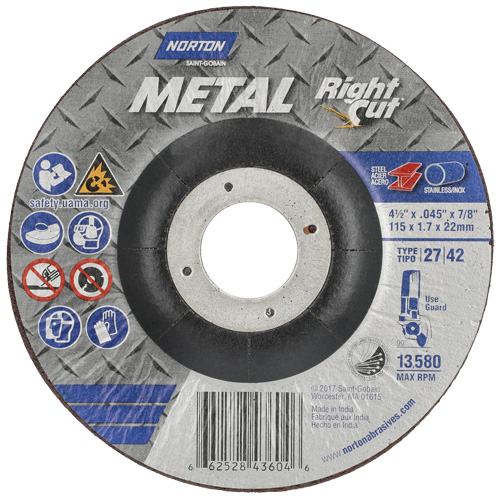 Metal RightCut Right Angle Cut-Off Wheel, 4-1/2" x 0.045", 7/8" Arbor, Type 27, Aluminum Oxide, 13580 RPM Action Paper