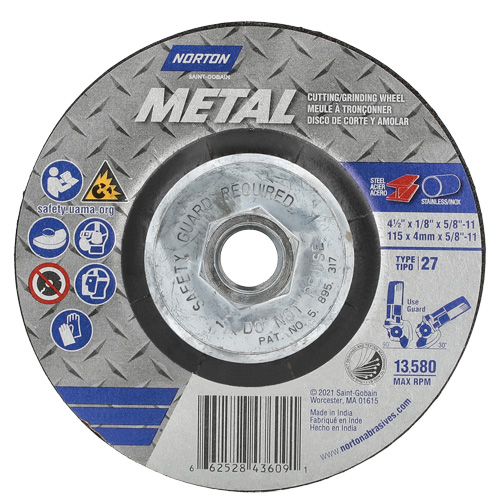 Metal Grinding & Cutting Wheel, 4-1/2" x 1/8", 5/8"-11 Arbor, Type 27, Aluminum Oxide Action Paper