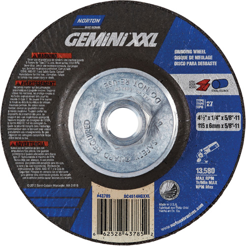 Gemini XXL Grinding Wheel, 4-1/2" x 1/4", 5/8"-11 Arbor, Aluminum Oxide, Type 27 Action Paper