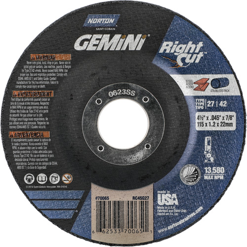 Gemini RightCut Right Angle Cut-Off Wheel, 4-1/2" x 0.045", 7/8" Arbor, Type 27/42, Aluminum Oxide, 13580 RPM Action Paper