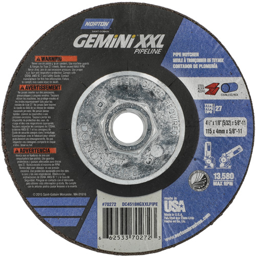 Gemini XXL Grinding & Cutting Wheel, 4-1/2" x 1/8", 5/8"-11 Arbor, Type 27, Aluminum Oxide Action Paper