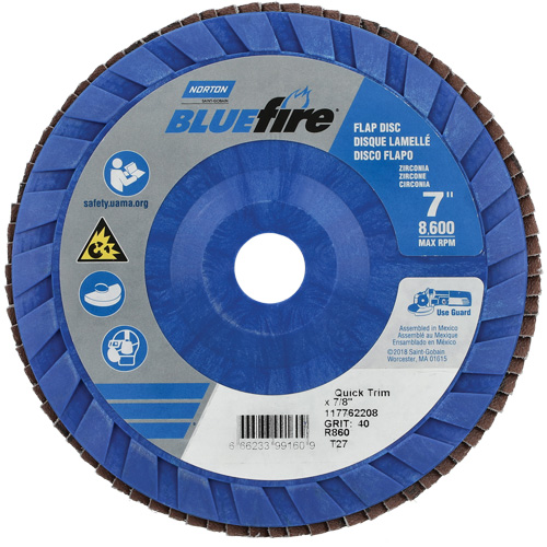 BlueFire Quick Trim Flap Disc, 7" x 7/8", Type 27, 40 Grit, Zirconia Alumina Action Paper