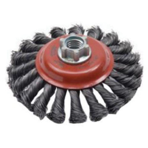 Brosse concave &agrave; fils nou&eacute;s torsad&eacute;s, Dia. 4", Fils 0,02", Arbre 5/8"-11, Acier Action Paper