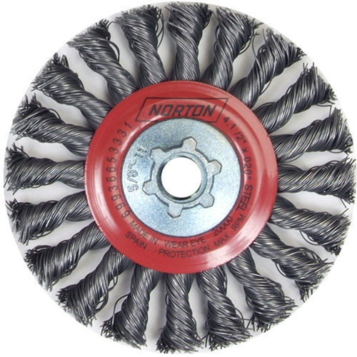 Full Cable Twist Wire Wheel, 4" Dia., 0.02" Fill, 5/8"-11 Arbor, Steel Action Paper