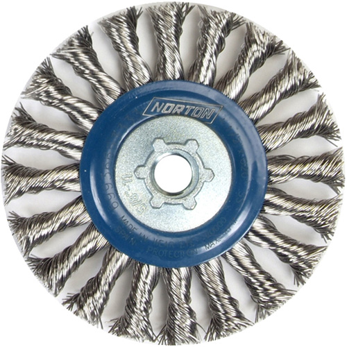 Full Cable Twist Wire Wheel, 4" Dia., 0.02" Fill, 5/8"-11 Arbor, Stainless Steel Action Paper