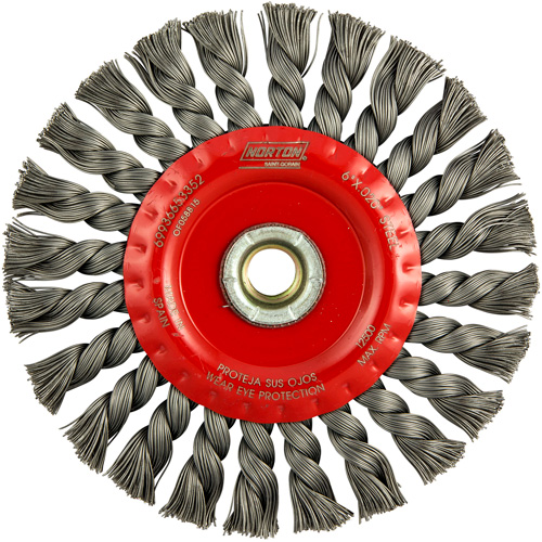 Full Cable Twist Wire Wheel, 6" Dia., 0.023" Fill, 5/8"-11 Arbor, Steel Action Paper