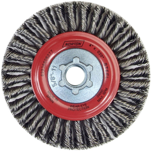 Stringer Bead Knot Wire Brush For Angle Grinders, 4" Dia., 0.02" Fill, 5/8"-11 Arbor, Steel Action Paper