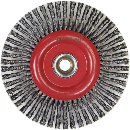 Stringer Bead Knot Wire Brush For Angle Grinders, 6" Dia., 0.02" Fill, 5/8"-11 Arbor, Steel Action Paper