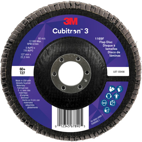 Cubitron 3 Flat Flap Disc 1169F, 5" x 7/8", Type T27, 60+ Grit, Ceramic Action Paper