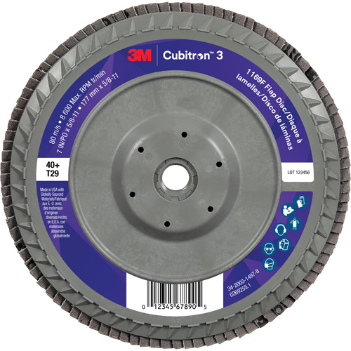 Cubitron 3 Conical  Flap Disc with Quick Change 1169F, 7" x 5/8"-11, Type T29, 40+ Grit, Ceramic Action Paper