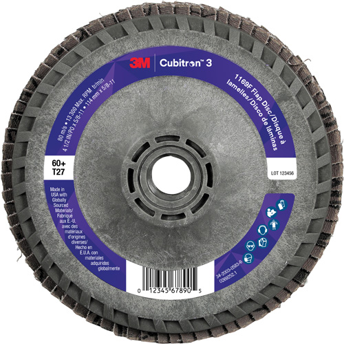 Cubitron 3 Flat Flap Disc with Quick Change 1169F, 4-1/2" x 5/8"-11, Type T27, 60+ Grit, Ceramic Action Paper
