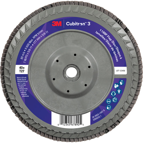 Cubitron 3 Flat Flap Disc with Quick Change 1169F, 7" x 5/8"-11, Type T27, 40+ Grit, Ceramic Action Paper