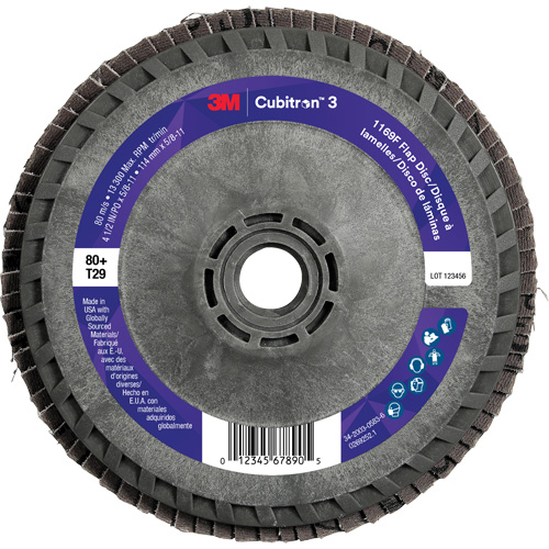 Cubitron 3 Conical  Flap Disc with Quick Change 1169F, 4-1/2" x 5/8"-11, Type T29, 80+ Grit, Ceramic Action Paper