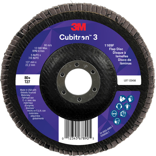 Cubitron 3 Flat Flap Disc 1169F, 5" x 7/8", Type T27, 80+ Grit, Ceramic Action Paper