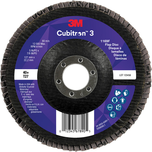 Cubitron 3 Flat Flap Disc 1169F, 5" x 7/8", Type T27, 40+ Grit, Ceramic Action Paper