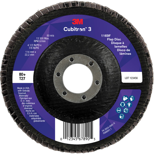 Cubitron 3 Flat Flap Disc 1169F, 4-1/2" x 7/8", Type T27, 80+ Grit, Ceramic Action Paper