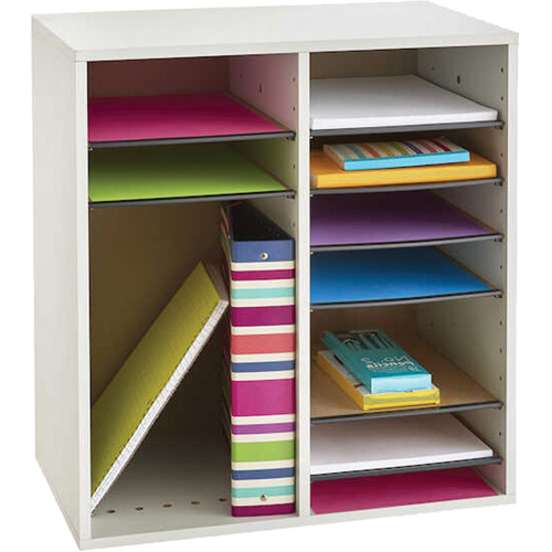Adjustable Compartment Literature Organizer, Stationary, 16 Slots, Wood, 19-1/2" W x 11-3/4" D x 21" H Action Paper