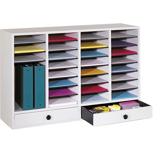 Adjustable Compartment Literature Organizer, Stationary, 34 Slots, Wood, 39-1/4" W x 11-3/4" D x 25-1/4" H Action Paper