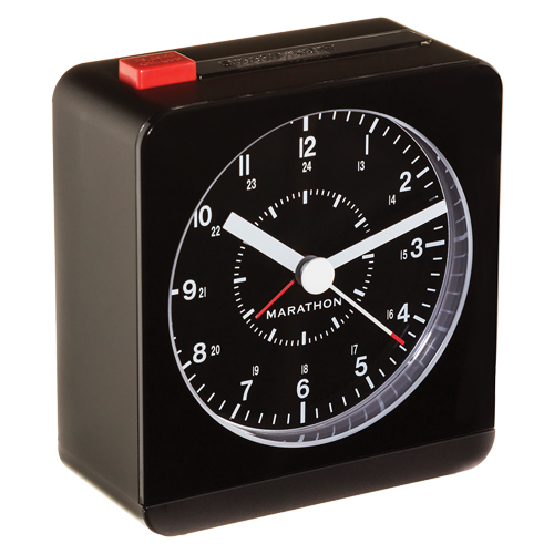 Desk Alarm Clock, Analog, Battery Operated, 3.5" W x 1.5" D x 3.75" H, Black Action Paper