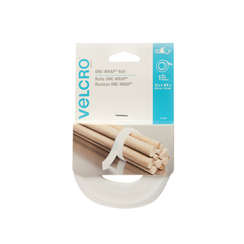 Ruban d'attaches One-Wrap, Boucle et crochet, 12' x 3/4", Auto-aggripant, Blanc Action Paper