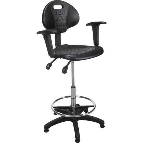 Tabouret ergonomique robuste avec accoudoirs r&eacute;glables, Stationnaire, Ajustable, 39" - 48", Polyur&eacute;thane Si&egrave;ge, Noir Action Paper