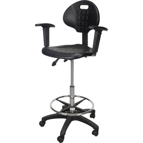 Tabouret ergonomique robuste avec accoudoirs r&eacute;glables et roulettes en nylon, Mobile, Ajustable, 39" - 48", Polyur&eacute;thane Si&egrave;ge, Noir Action Paper