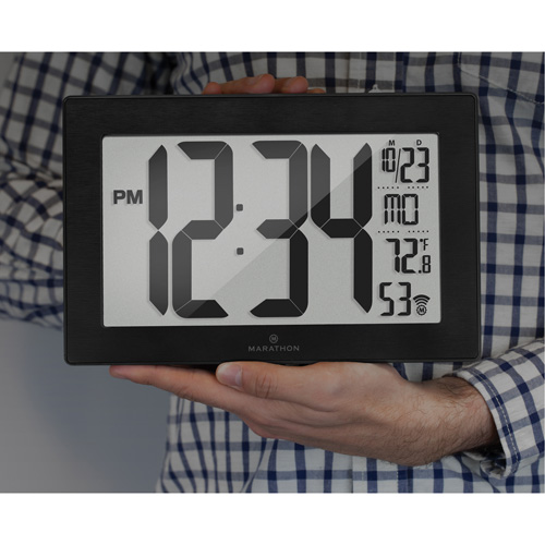 Self-Setting & Self-Adjusting Wall Clock with Stand, Digital, Battery Operated, Black Action Paper