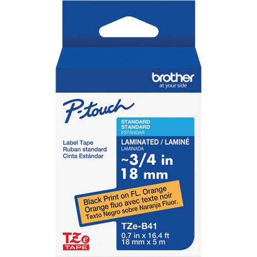 TZe-B41 Laminated Tape for TZe-Compatible P-Touch Label Makers, Black on Fluorescent Orange, 0.7" Width Action Paper