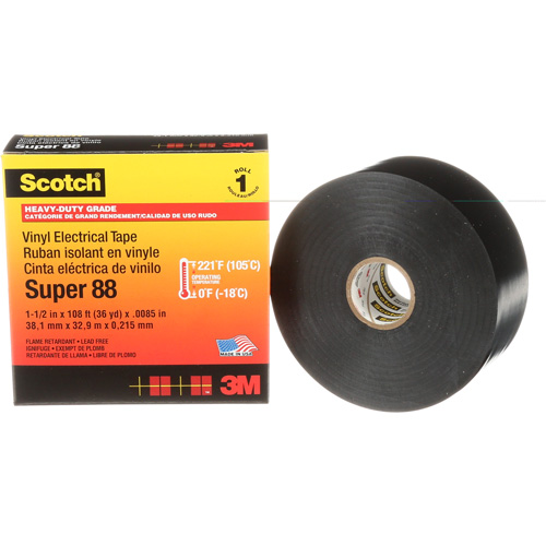 Scotch&reg; Vinyl Electrical Tape Super 88, 38 mm (1-1/2") x 33 m (108'), Black, 8.5 mils Action Paper