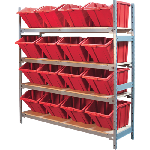 Wide Span Shelving with Jumbo Plastic Bins, Steel, Boltless, 800 lbs. Capacity, 66" W x 72" H x 18" D Action Paper
