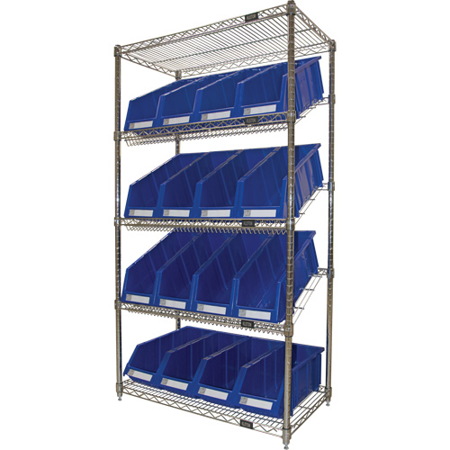 Slanted Wire Shelf with Bins, 5 Tiers, 36" W x 63" H x 18" D Action Paper