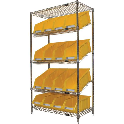 &eacute;tag&egrave;re en treillis m&eacute;tallique &agrave; tablettes inclin&eacute;es avec bacs, Tiers 5, 36" la x 63" h x 18" p Action Paper
