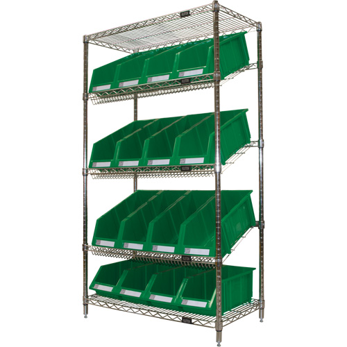 &eacute;tag&egrave;re en treillis m&eacute;tallique &agrave; tablettes inclin&eacute;es avec bacs, Tiers 5, 36" la x 63" h x 18" p Action Paper