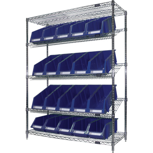 Slanted Wire Shelf with Bins, 5 Tiers, 48" W x 63" H x 18" D Action Paper
