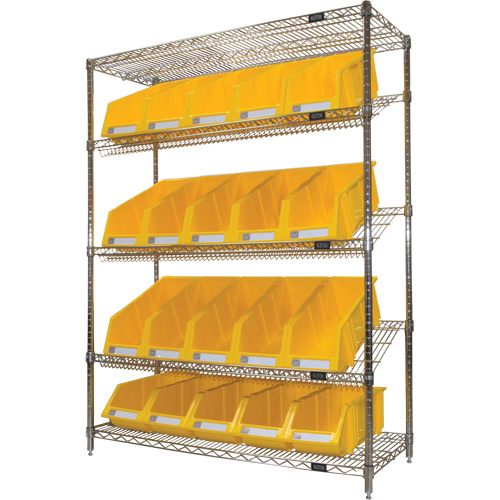 &eacute;tag&egrave;re en treillis m&eacute;tallique &agrave; tablettes inclin&eacute;es avec bacs, Tiers 5, 48" la x 63" h x 18" p Action Paper