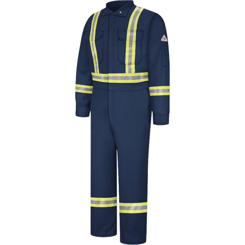 Flame-Resistant Coveralls with Reflective Trim, Size 38, Navy Blue, 12.2 cal/cm² Action Paper