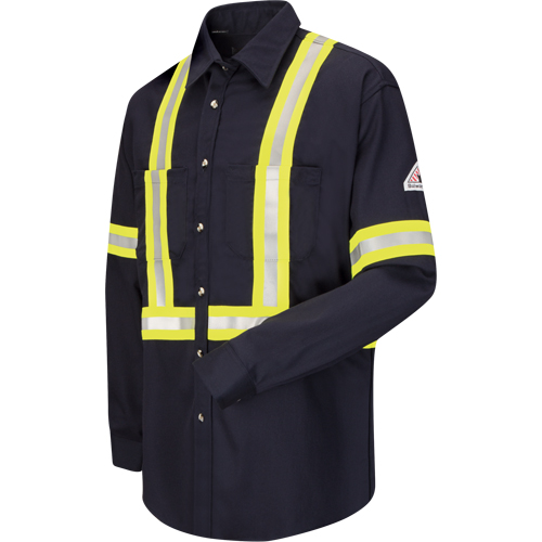 Work Shirt with Reflective Trim, Cotton/Nylon, Small, Navy Blue Action Paper
