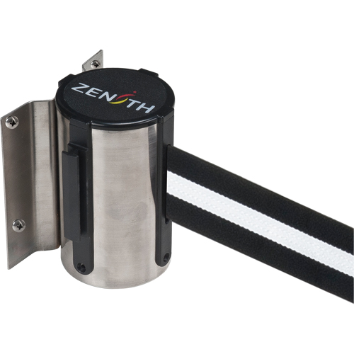 Wall Mount Barrier, Steel, Screw Mount, 7', Black/White Tape Action Paper