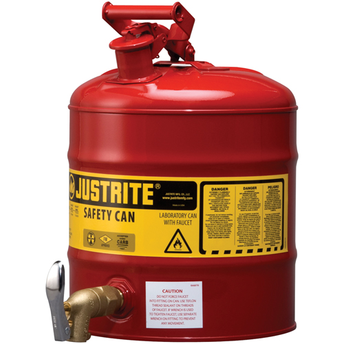 Bidon avec robinet s&eacute;curitaires pour laboratoires, Type I, Acier, 5 gal. US, Rouge, Homologu&eacute; FM Action Paper