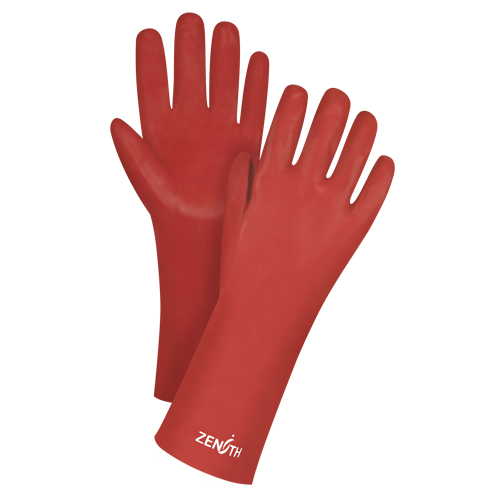Red Smooth-Finish Chemical-Resistant Gloves, Size 9, 14" L, PVC, Interlock Inner Lining, 47-mil Action Paper