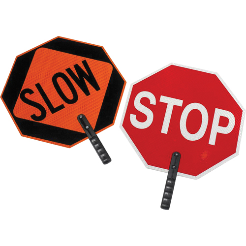 Double-Sided "Stop/Slow" Traffic Control Sign, 18" x 18", Plastic, English with Pictogram Action Paper