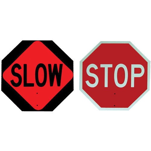 Double-Sided "Stop/Slow" Traffic Control Sign, 18" x 18", Plastic, English with Pictogram Action Paper
