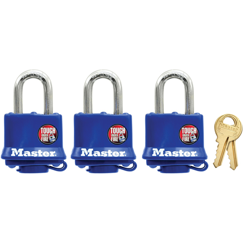 Cadenas r&eacute;sistant aux intemp&eacute;ries, Bleu, Cl&eacute;s identiques, Acier lamin&eacute;, Largeur de 1-9/16" Action Paper