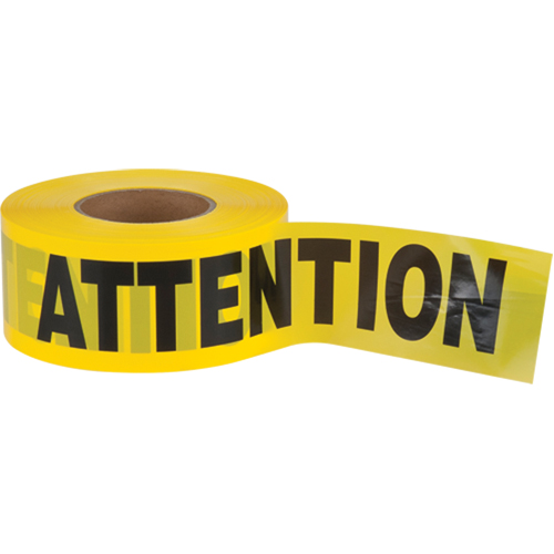 "Attention" Barricade Tape, Bilingual, 3" W x 1000' L, 2.5 mils, Black on Yellow Action Paper