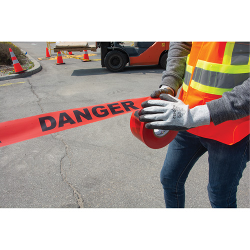 "Danger" Barricade Tape, Bilingual, 3" W x 1000' L, 1.5 mils, Black on Red Action Paper