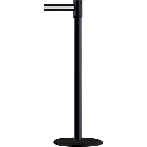 Slimline TensaBarrier&reg; Barrier Post, Steel, 38" H, Black/White Tape, 7.5' Tape Length Action Paper