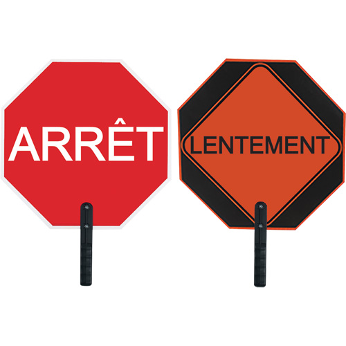 Double-Sided "Arr&ecirc;t/Lentement" Traffic Control Sign, 18" x 18", Aluminum, French with Pictogram Action Paper