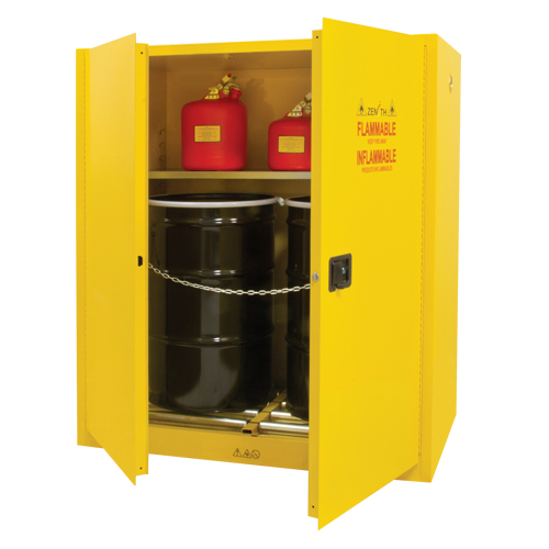 Vertical Drum Storage Cabinet, 110 US gal. Cap., 2 Drums, Yellow Action Paper