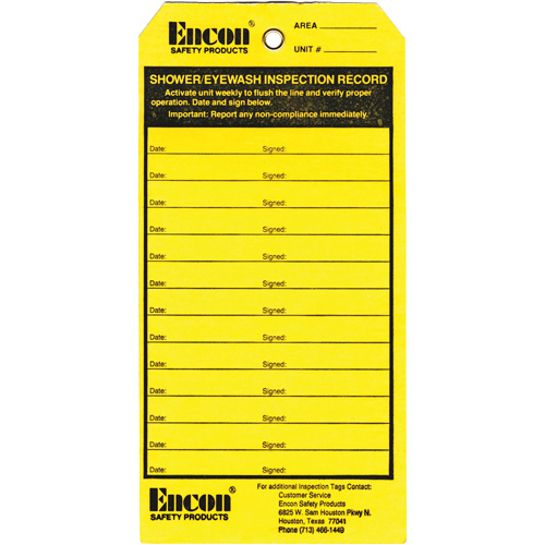 Emergency Shower & Eyewash Inspection Record Tag, Cardstock, 3-1/8" W x 6-1/4" H, English Action Paper