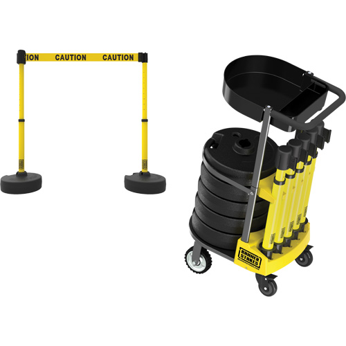 PLUS Barrier Post Cart Kit with Tray, 75' L, Metal, Yellow Action Paper